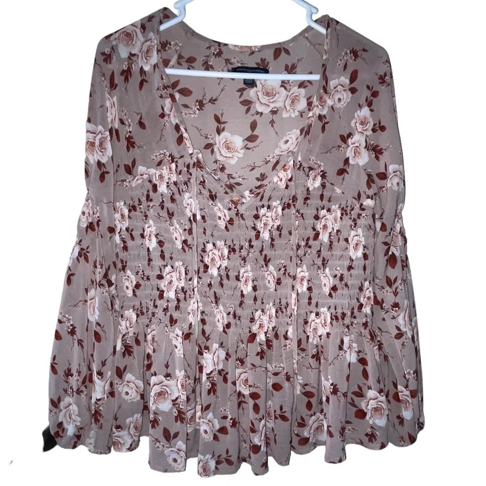 American Eagle Sheer Smocked Babydoll Top Size Small Blush Floral Boho Preppy